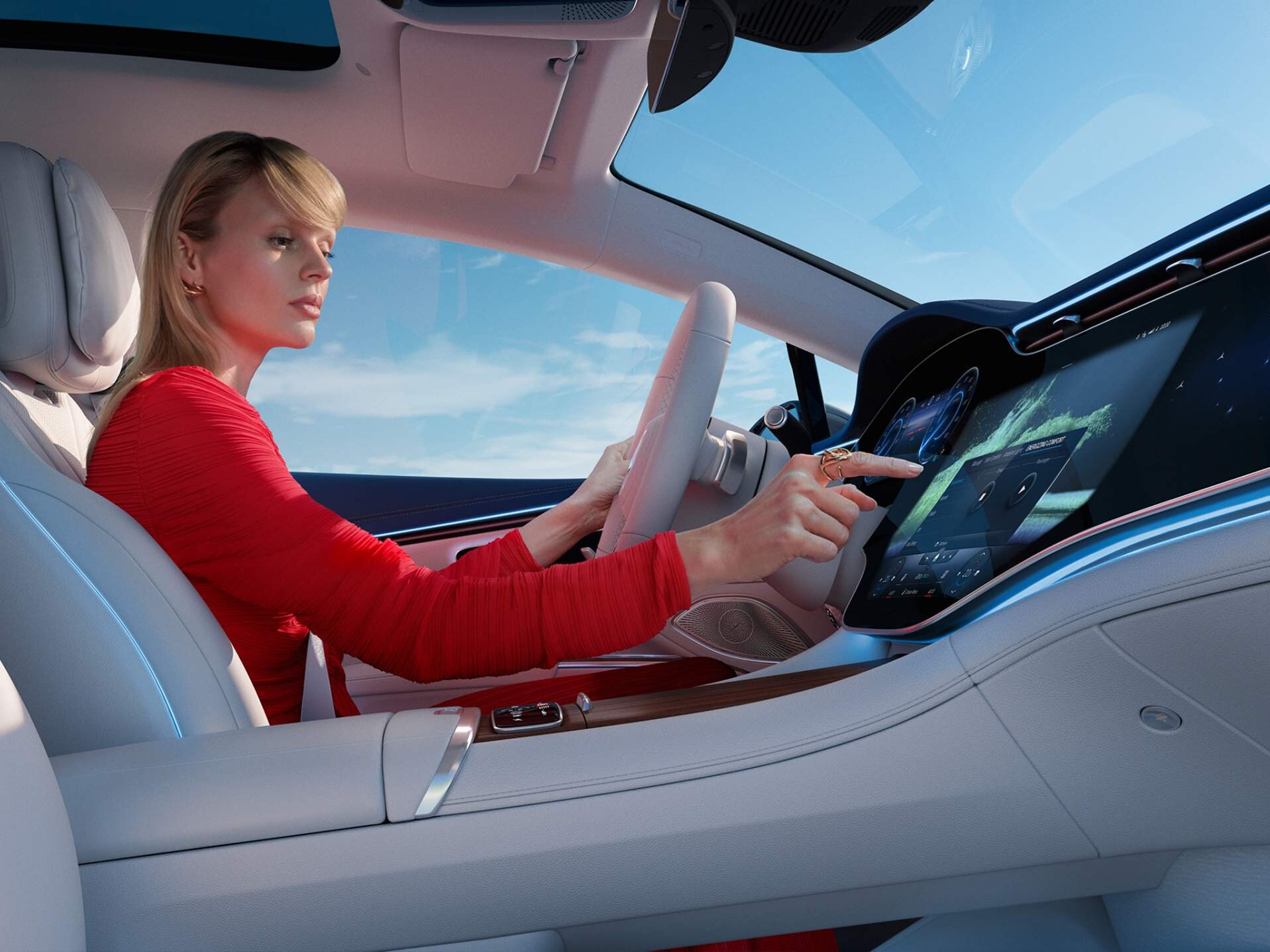 Das Bild veranschaulicht den MBUX Interieur-Assistent des EQS von Mercedes-EQ.