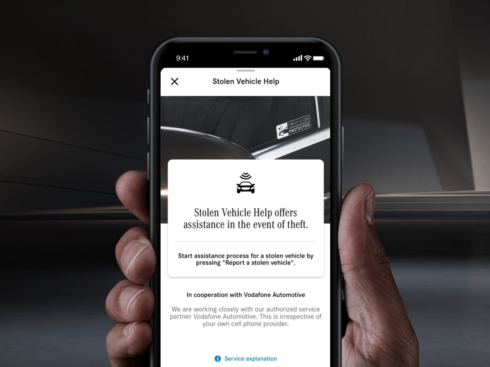 Auf einem Smartphone wird per Digitalem Extra zum Thema Urban Guard Hilfe bei einem Fahrzeugdiebstahl angeboten