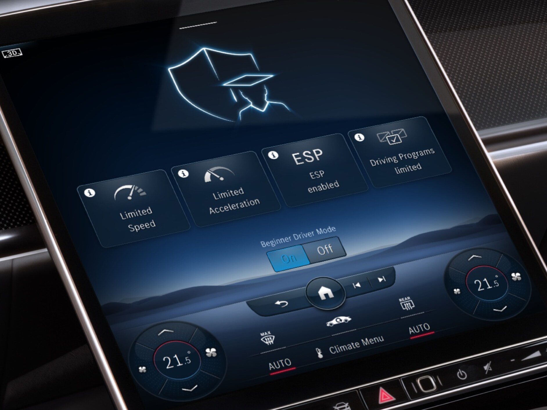 Auf dem MBUX Multimediasystem wird das Menü des Digitalen Extras Benachrichtigung bei Überschreitung der Fahrgeschwindigkeit angezeigt. 