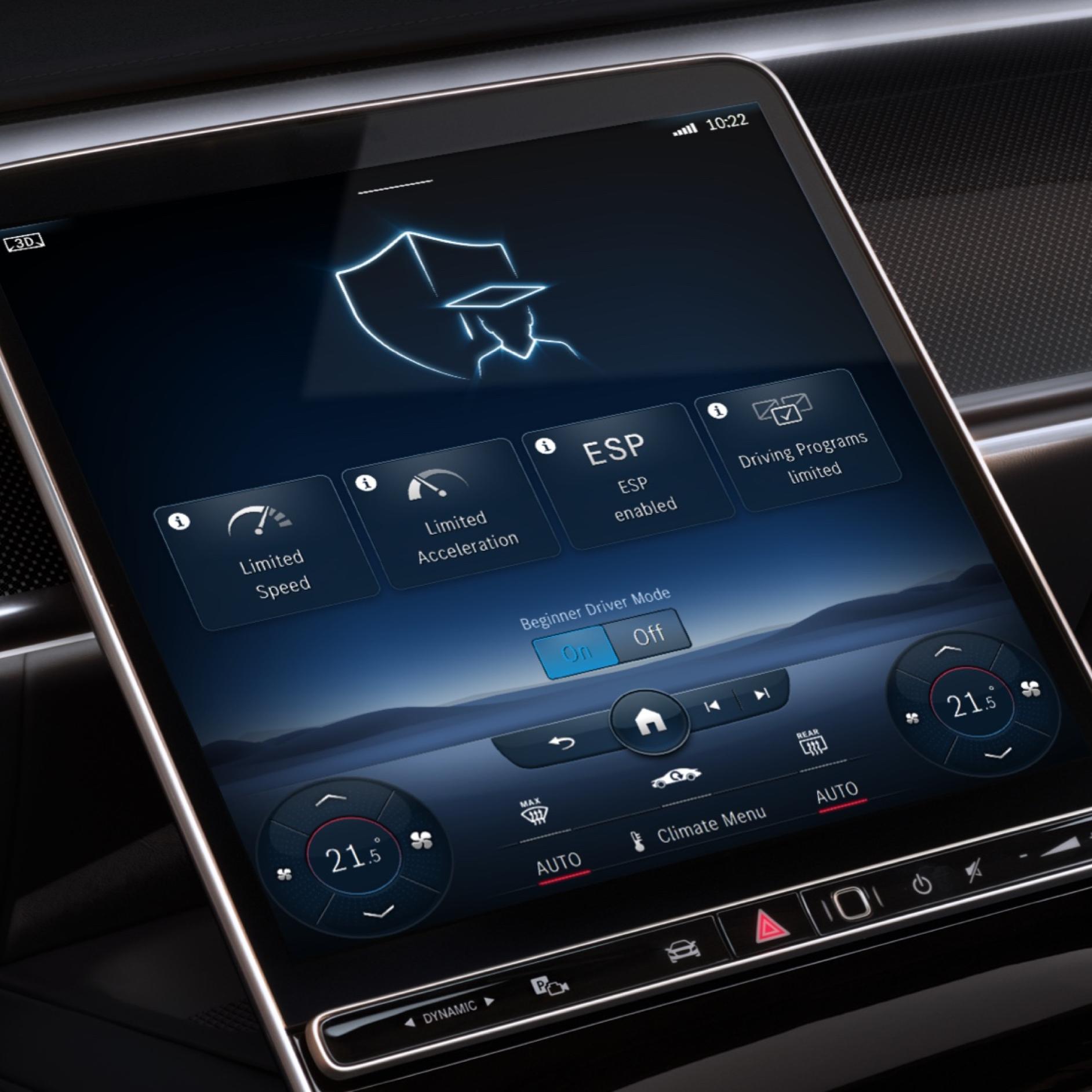 Auf dem MBUX Multimediasystem wird das Menü des Digitalen Extras Benachrichtigung bei Überschreitung der Fahrgeschwindigkeit angezeigt. Auf dem MBUX Multimediasystem wird das Menü des Digitalen Extras Benachrichtigung bei Überschreitung der Fahrgeschwindigkeit angezeigt.