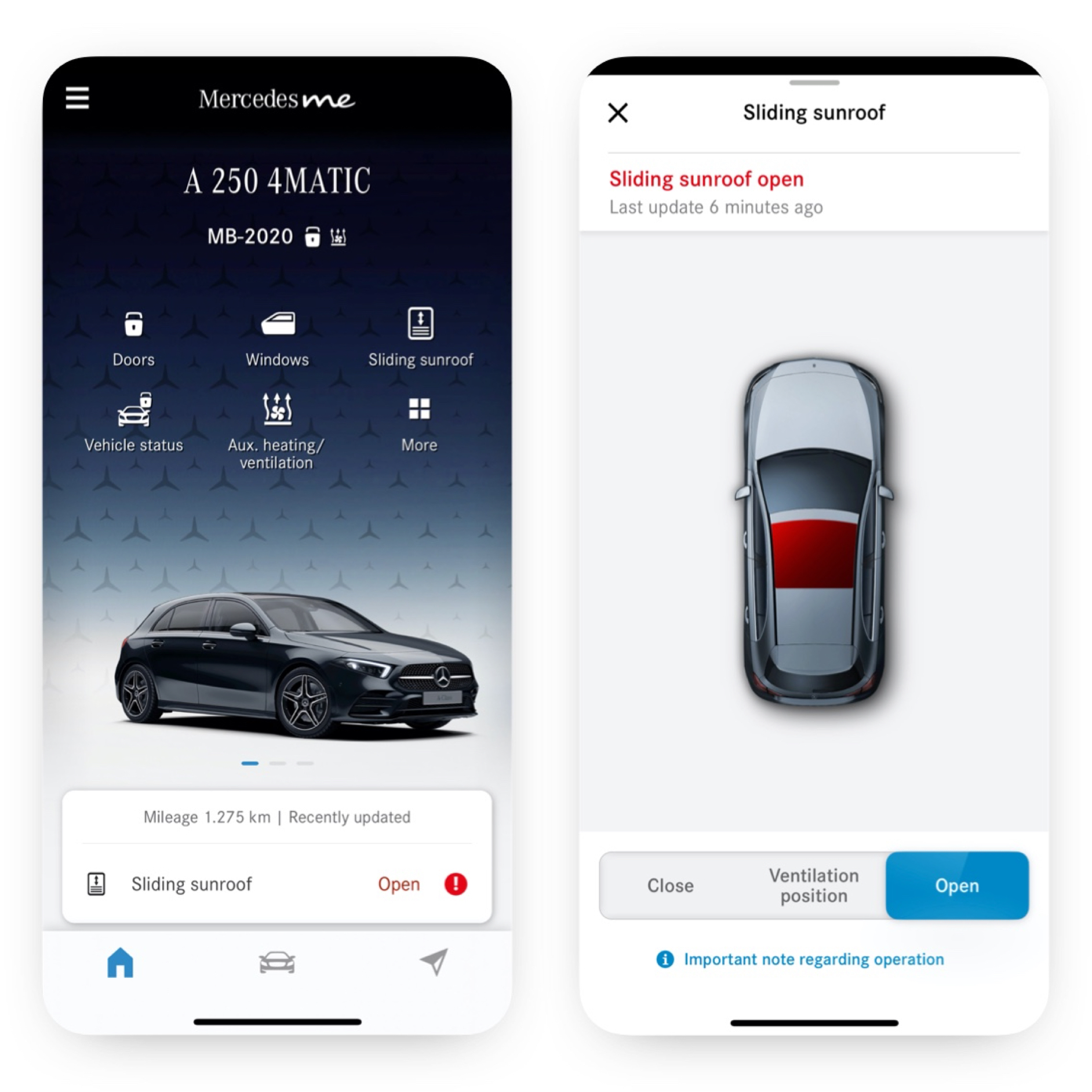 Auf einem Smartphone sind die verschiedenen Screens zu sehen, die angezeigt werden, wenn das Digitale Extra Fernsteuerung Fenster und Schiebedach feststellt, dass das Schiebedach nicht verriegelt ist. Auf einem Smartphone sind die verschiedenen Screens zu sehen, die angezeigt werden, wenn das Digitale Extra Fernsteuerung Fenster und Schiebedach feststellt, dass das Schiebedach nicht verriegelt ist.