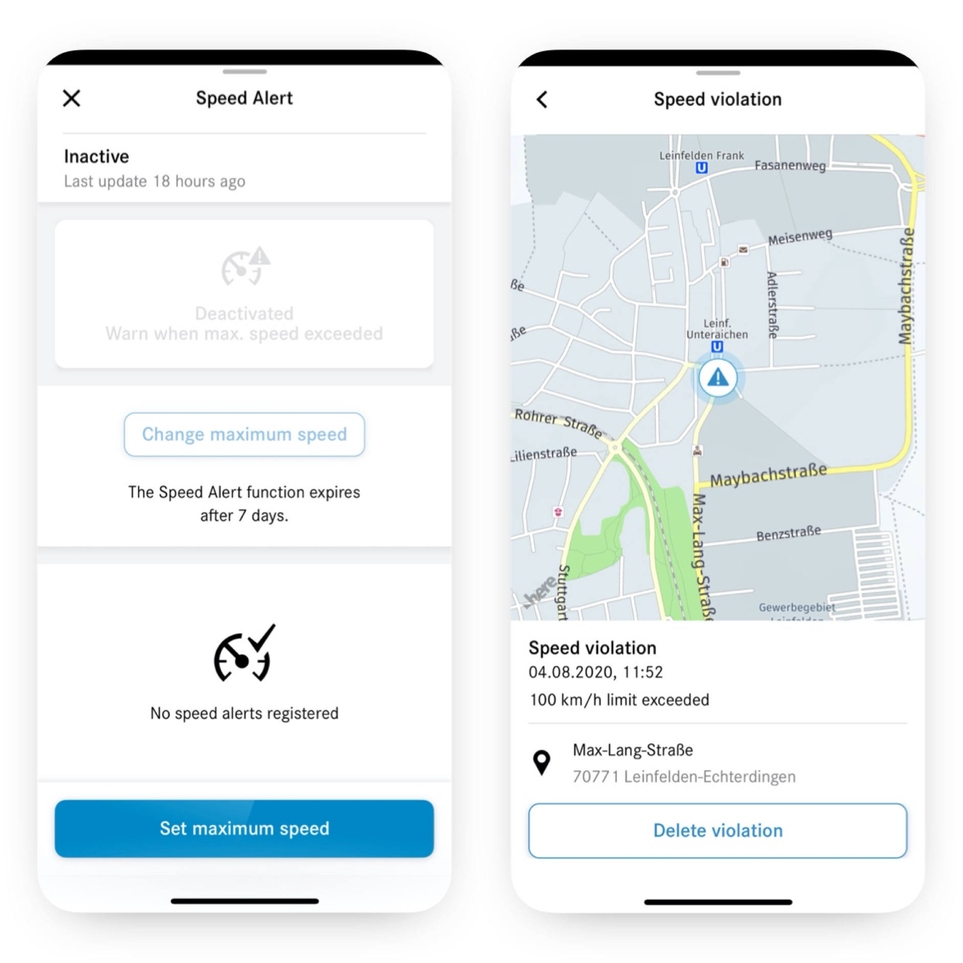 Auf einem Smartphone sind die verschiedenen Screens zu sehen, die erscheinen, wenn das Digitale Extra Benachrichtigung bei Überschreitung der Fahrgeschwindigkeit aktiviert ist und einen Verstoß feststellt. Auf einem Smartphone sind die verschiedenen Screens zu sehen, die erscheinen, wenn das Digitale Extra Benachrichtigung bei Überschreitung der Fahrgeschwindigkeit aktiviert ist und einen Verstoß feststellt.