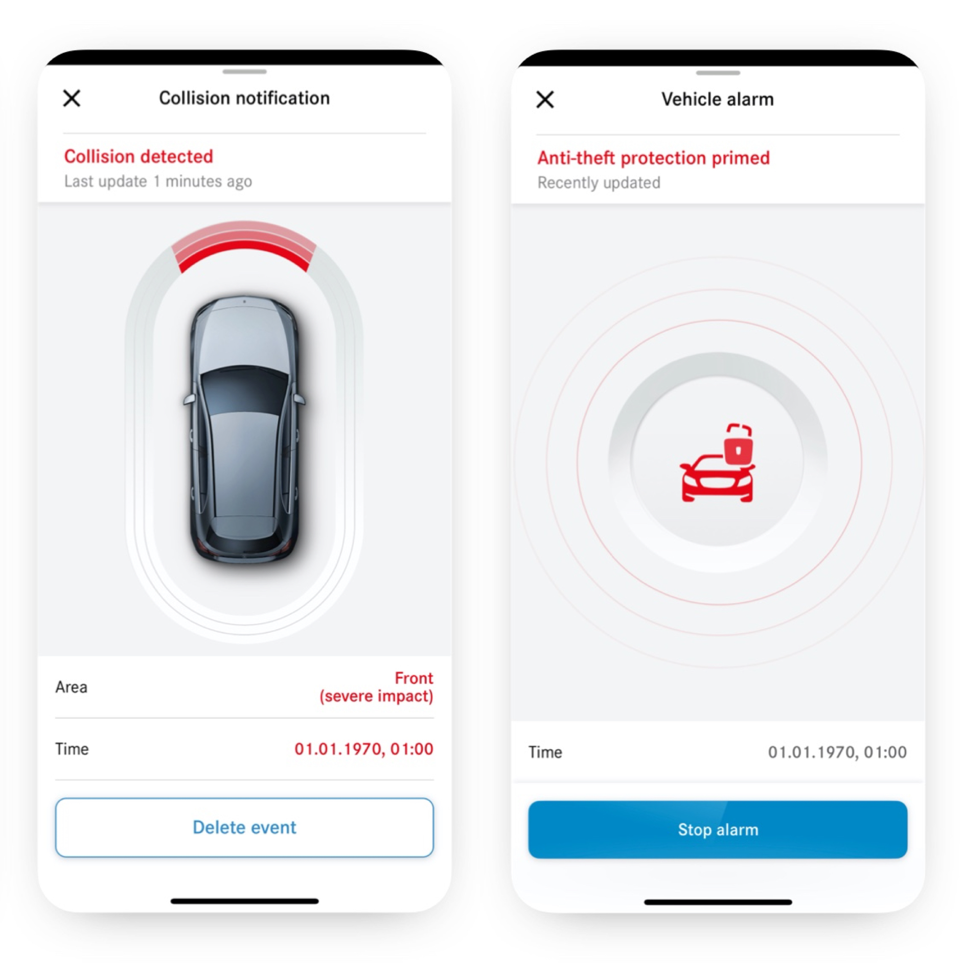 Auf einem Smartphone wird mit dem Digitalen Extra Diebstahl- mit Parkschadenbenachrichtigung angezeigt, dass eine Kollision stattgefunden hat. Auf einem Smartphone wird mit dem Digitalen Extra Diebstahl- mit Parkschadenbenachrichtigung angezeigt, dass eine Kollision stattgefunden hat.
