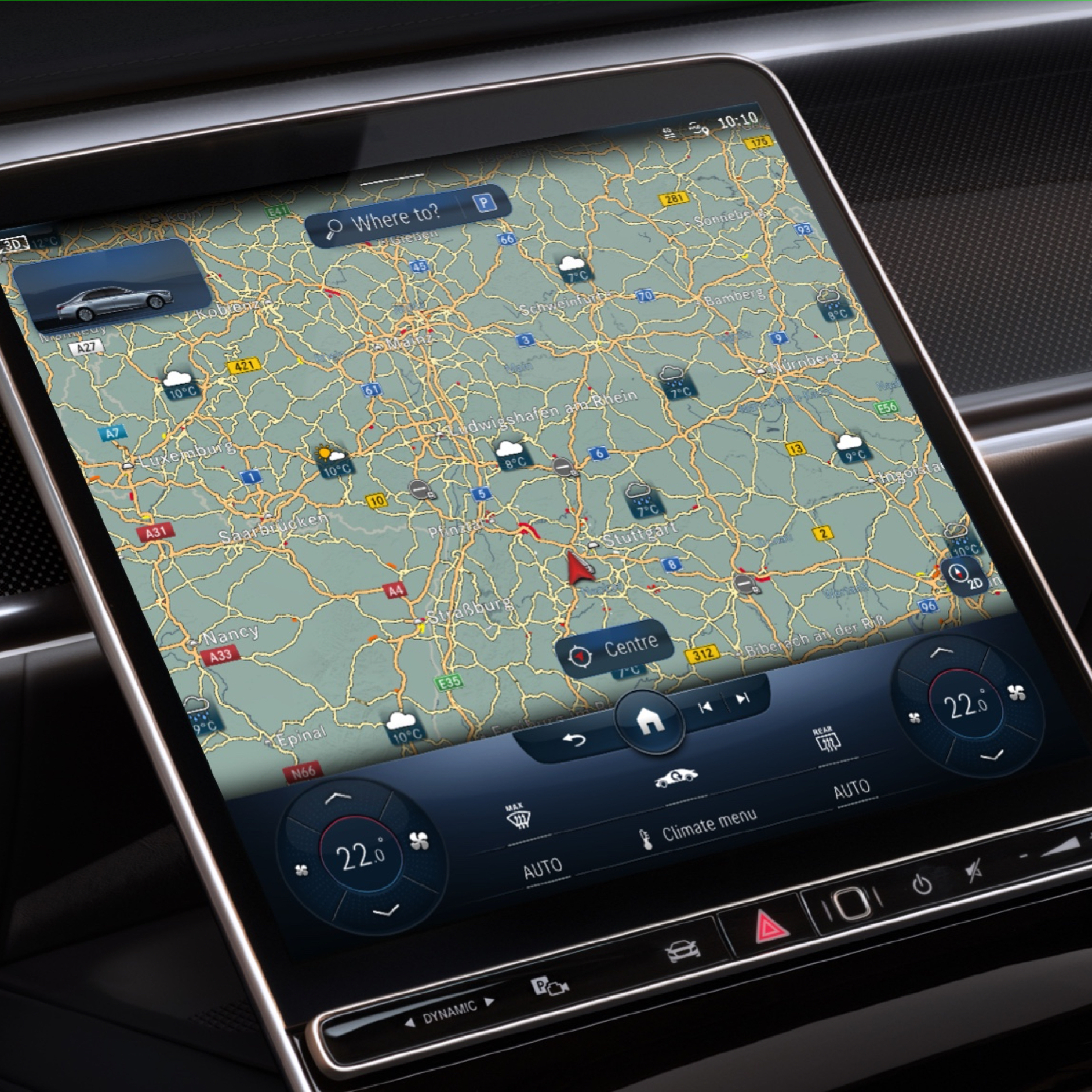 Auf dem MBUX Multimediasystem wird dank des Digitalen Extras Wetterkarte das voraussichtliche Wetter in der Zielregion angezeigt. Auf dem MBUX Multimediasystem wird dank des Digitalen Extras Wetterkarte das voraussichtliche Wetter in der Zielregion angezeigt.