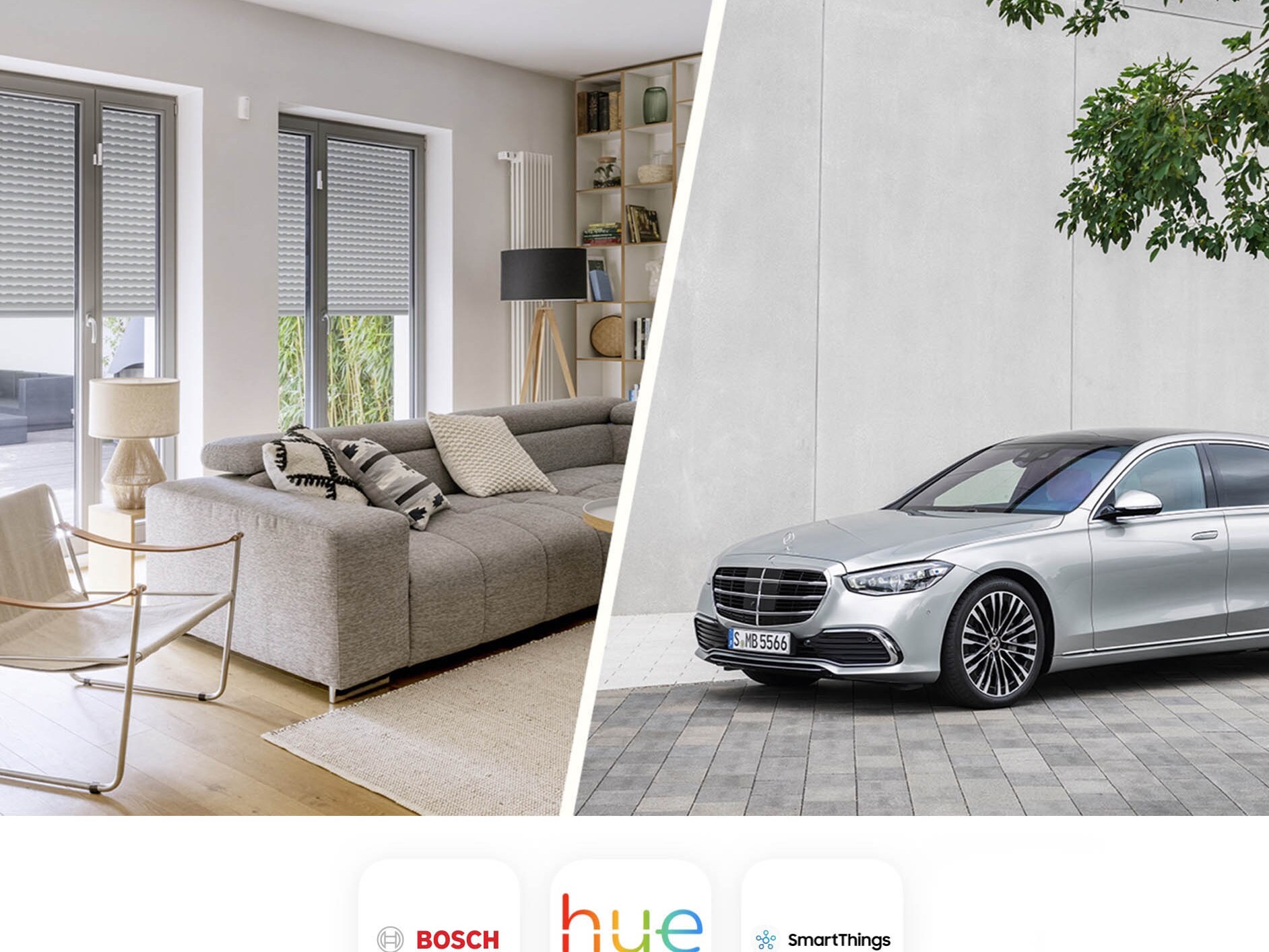 Das Bild zeigt eine Collage, auf der eine eingerichtete Wohnung zu sehen ist, sowie ein Fahrzeug von Mercedes. Ebenso zu sehen sind die verschiedenen Smart Home Anbieter, welche mit Mercedes-Benz kooperieren.
